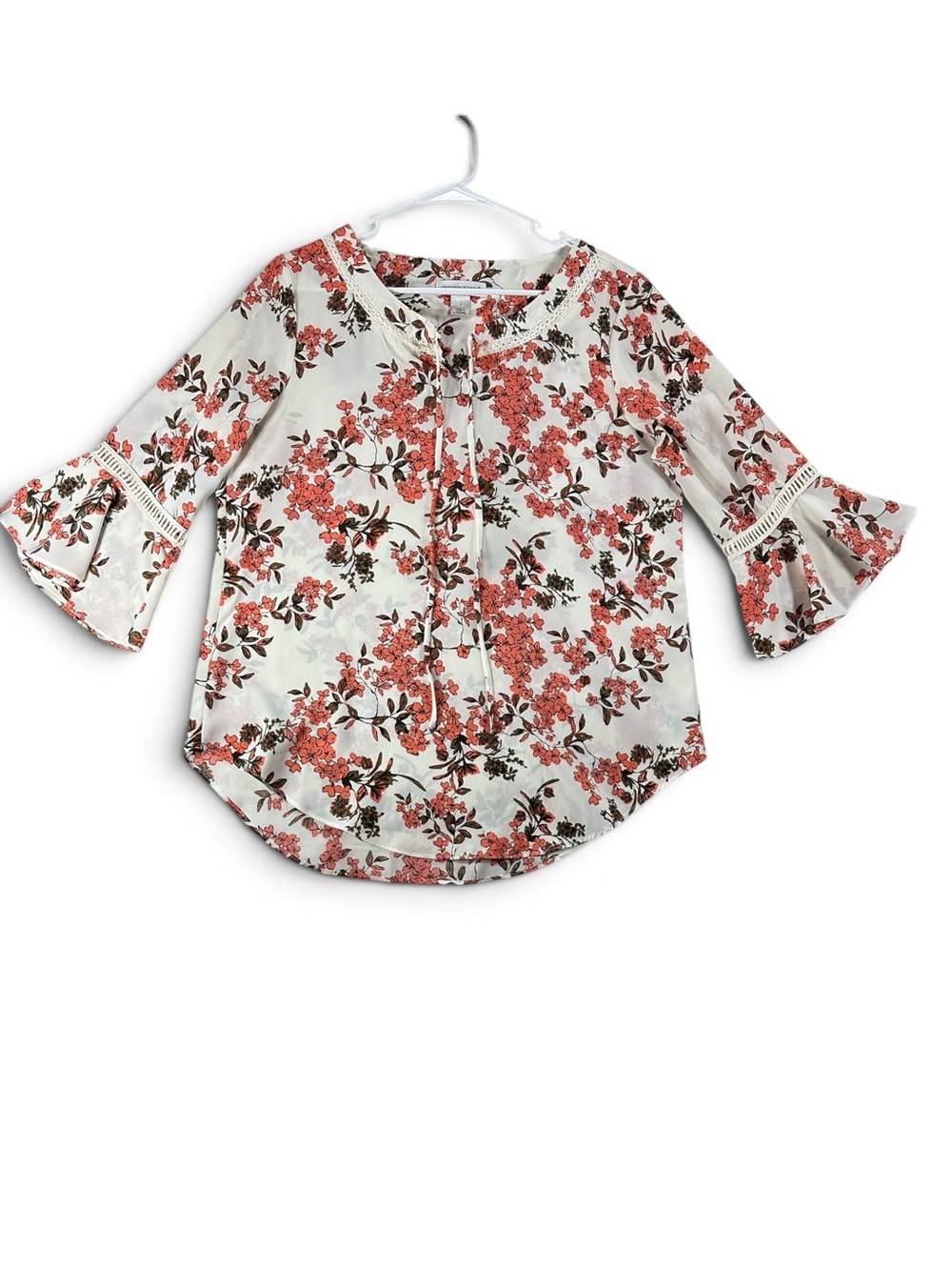 Christopher & Banks White Blouse with Coral Floral Print and Bell Sleeves